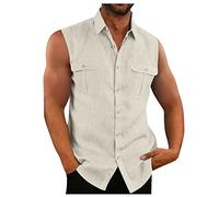 Camisa Lino Hombre Sin Manga Camisas Hawaiana Lino Casual Camisa Funky Estilo de Verano 2024 Camisa de Color Sólido con Botónes Elegante Vestir Shirt Ropa Hombre (Beige,XL)