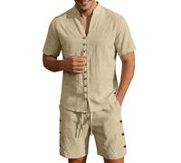 Camisa Lino Hombre,Traje de Camisa y Pantalones Cortos de Lino para Hombre Conjunto Verano Ligero Transpirable Negocios Casual