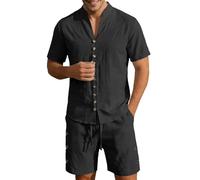 Camisa Lino Hombre,Traje de Camisa y Pantalones Cortos de Lino para Hombre Conjunto Verano Ligero Transpirable Negocios Casual