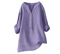 Camisa Lino Mujer,3/4 Manga Blusa Cuello en V con Botones,Lino y Algodón Color sólido Talla Grande Camisa Manga Larga Basica Camiseta Largo Elegant Oficina Tops Casual Cómodo T-Shirt