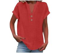 Camisa Lino Mujer Manga Corta Camiseta Cuello en V con Botones Verano Camisas Color Liso Elegante Basic Casual Blusa Talla Grande Transpirable Tops Cómodo Oficina Original Moda tee