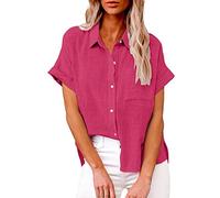 Camisa Manga Corta Mujer Camisa De Lino para Mujer, Manga Blusa De Verano 2026 para Camiseta Verano Lino Blusa Mangas 3/4 con Banda Elástica Elegante Cuello Redondo con Ribete Encaje Y Pliegues Azul