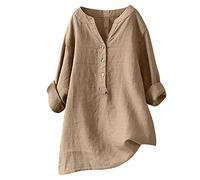 Camisa Manga Corta Mujer Verano 2023 Moda Algodón y Lino Color sólido Camisa Blusa Cuello en V Botones Basica Camiseta Largo Elegant Suelto Oficina Tops Casual Cómodo T-Shirt Original tee