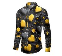 Camisa Manga Larga Hombre Estampado Corazón San Valentín Holgada. Estilo Casual Y Romántico. Cuello Solapa. Ideal para Sorprender A Tu Pareja.