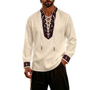 Camisa Medieval Hombre, Camisa Manga Larga Hombre Estilo Pirata Cuello hendido Costuras Decorativas Tejido Ligero Transpirable, Apta para Halloween, Carnaval, Cosplay, representaciones teatrales
