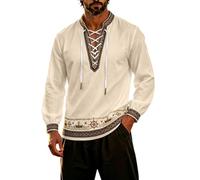 Camisa Medieval Hombre, Camisa Manga Larga Hombre Estilo Pirata Cuello hendido Costuras Decorativas Tejido Ligero Transpirable, Apta para Halloween, Carnaval, Cosplay, representaciones teatrales