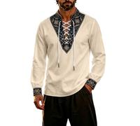 Camisa Medieval Hombre, Camisa Manga Larga Hombre Estilo Pirata Cuello hendido Costuras Decorativas Tejido Ligero Transpirable, Apta para Halloween, Carnaval, Cosplay, representaciones teatrales