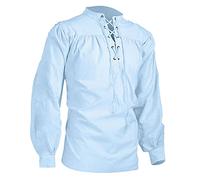 Camisa medieval para hombre, camisa de lino - Camisa de manga larga para hombre, disfraz victoriano, Halloween, cuello alto, con cordón, blusa de camisa, camiseta pirata, retro, blusa clásica, azul