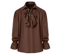 Camisa medieval para hombre con temática pirata, renacentista, steampunk y victoriana de manga larga con cuello jabot y encaje, café, M