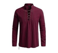 Camisa medieval para hombre, delgada, monocolor, camisa de lino, corte regular, camisa vikinga, pirata, vintage, renacentista, victoriana, cuello alto, camisa tradicional tradicional, Vino, M