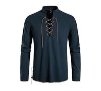 Camisa medieval para hombre, delgada, monocolor, camisa de lino, corte regular, camisa vikinga, pirata, vintage, renacentista, victoriana, cuello alto, camisa tradicional tradicional, azul marino, XXL