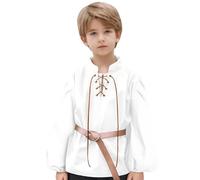 Camisa medieval para niños y niños, Halloween, manga larga, con cordones, camisa medieval, disfraz, blusa, camisa de caballero, camiseta clásica pirata, Blanco, 9-10 años
