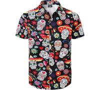Camisa mexicana con botones del Cinco de Mayo para hombre, tallas S-4XL, Calavera de alfeñique, Large