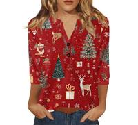 Camisa Moche De Noel para mujer, cuello en V, Chic Y Elegante, Camiseta de Navidad para mujer, Moche Jersey de manga 3/4, talla grande, camiseta de Navidad, moda, 01#Watermelon Red, M