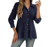 Camisa Mujer 2025 Nueva Colección Primavera Verano Casual Liso Escote Hombros Manga Larga Botón Top Chic, Azul oscuro., L