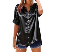 Camisa Mujer 2026 Blusa de Satén Con Mangas Cortas Para Ocasiones Elegantes Y Casuales, Camisa Abotonada En Cómodo Algodón Camisas De Manga Larga De Moda, Negro , XL