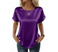 Camisa Mujer Elegante de Satén Cuello Redondo Tops Básicas Sólido Blusa