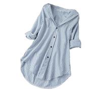 Camisa Mujer Elegante Y Elegante, Blusas Y Blusas Mujer De Gran Tamaño, Blusa Rayas Blusa Suelta Top Casual Top Mangas Enrollables Ropa con Botón Loungewear Mi Long Camisa, Sky Blue, S