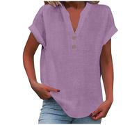 Camisa Mujer Lino Algodón Manga Corta Camiseta Blusa Polo Ligero Verano Moda Casual Color Sólido Cómodo Suelto Cuello en V Botones Tops Elegante Basic tee Talla Grande Transpirable 2025