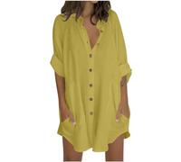 Camisa Mujer Lino Algodón Manga Larga Camiseta Largo Blusa Ligero Verano Moda Casual Color Sólido Cómodo Suelto Cuello en V Botones Bolsillos Tops Elegante Basic tee Transpirable T-Shirt