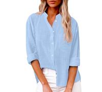 Camisa Mujer Lino Barato Chic Y Elegante Manga Larga Cuello en V Color sólido con Botones Blusa Tops 2025 Casual Blusa Básica Tops Verano Oversize Camisetas sueltas, azul, M
