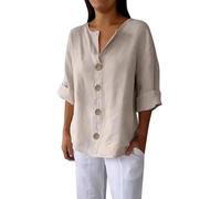 Camisa Mujer Manga 3/4 Chic Camisa Mujer Gran Cintura Alta Cuello V Color Sólido Alto Algodón Lino Casual Blusa Oversize Botón Top Chic Y Elegante Ropa Grande, beige, L