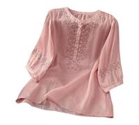 Camisa Mujer Manga Corta de Lino,Blusas Mujer Tallas Grandes Moda Cuello en Redondo Algodón y Lino Color Sólido Camisa Bordado Camiseta Elegant Suelto Tops Original tee Primavera Verano