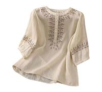 Camisa Mujer Manga Corta de Lino,Blusas Mujer Tallas Grandes Moda Cuello en Redondo Algodón y Lino Color Sólido Camisa Bordado Camiseta Elegant Suelto Tops Original tee Primavera Verano
