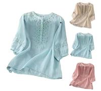 Camisa Mujer Manga Corta de Lino,Blusas Mujer Tallas Grandes Moda Cuello en Redondo Algodón y Lino Color Sólido Camisa Bordado Camiseta Elegant Suelto Tops Original tee Primavera Verano