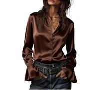 Camisa Mujer Manga Larga Color Liso Cuello de Solapa - Moda Mujer Primavera Suave Exquisito, Camisa Satén Cómodos Basica, Top Adecuados para Primavera Y Otoño marrón L