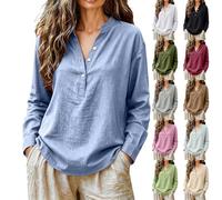 Camisa Mujer Manga Larga Lino Algodón, Camisa Verano Mujer Ligera, Henley Blusa Básica Casual Blusa Color Sólido Top Diario Transpirable Superior Grande Talla Grande Grande Top, verde claro, L