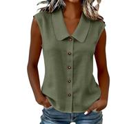 Camisa Mujer Sin Mangas Verano Moda Cuello Peter Pan Blusa Sin Mangas con Botones Casual Color Sólido Camiseta Basica Verano Cómodo Transpirable Tank Top Ligero Informal Cardigan S-3XL
