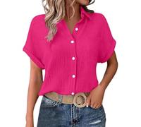 Camisa Mujer Verano Casual Cuello en V Manga Corta Botones Blusas Color Liso Tallas Grandes Holgada Camisetas Elegante Cómoda Algodón y Lino Blusas Mujer Basica Top