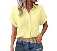 Camisa Mujer Verano Casual Cuello en V Manga Corta Botones Blusas Color Liso Tallas Grandes Holgada Camisetas Elegante Cómoda Algodón y Lino Blusas Mujer Basica Top