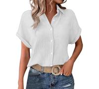 Camisa Mujer Verano Casual Cuello en V Manga Corta Botones Blusas Color Liso Tallas Grandes Holgada Camisetas Elegante Cómoda Algodón y Lino Blusas Mujer Basica Top
