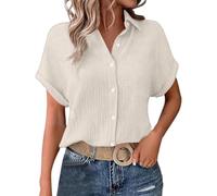 Camisa Mujer Verano Casual Cuello en V Manga Corta Botones Blusas Color Liso Tallas Grandes Holgada Camisetas Elegante Cómoda Algodón y Lino Blusas Mujer Basica Top