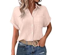 Camisa Mujer Verano Casual Cuello en V Manga Corta Botones Blusas Color Liso Tallas Grandes Holgada Camisetas Elegante Cómoda Algodón y Lino Blusas Mujer Basica Top