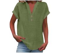 Camisa Mujer Verano Manga Corta Algodón y Lino Primavera Cuello en V Casual Camisas con Botones Moda Color sólido Blusa Camiseta Elegante Basic Tops Fiesta Suelto T-Shirt Oficina Original Cómodo tee