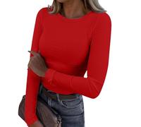 Camisa Mujer,Women's Spring and Summer Pure Color Stripes High Elastic Long Sleeved Undershirt Top Blusa Manga Larga (Red, XXL),