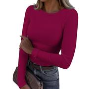 Camisa Mujer,Women's Spring and Summer Pure Color Stripes High Elastic Long Sleeved Undershirt Top Blusa Manga Larga (Wine, XL)