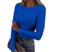 Camisa Mujer,Women's Spring and Summer Pure Color Stripes High Elastic Long Sleeved Undershirt Top Blusa Manga Larga (Blue, XL),