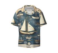 Camisa náutica de manga corta con cuello cubano con estampado de mapa de velero, mezcla de camisas casuales y de playa para hombre, Negro, 3XL