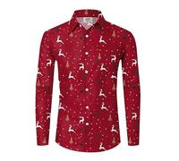 Camisa Navidad Hombre Camisas FEA - de Solapa de Manga Larga con Estampado Navideño Informal A La Moda para (Red S)