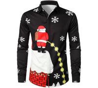 Camisa Navidad Hombre, Informal de Negocios navideña para Hombre, cómoda, de Cuello Holgado, de Manga Larga, con Vaca Linda navideña (Black, XXXXXXL)