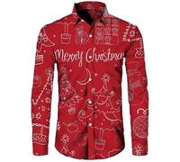 Camisa Navidad Hombre, Informal de Negocios navideña para Hombre, cómoda, de Cuello Holgado, de Manga Larga, con Vaca Linda navideña (Red, XXXL)