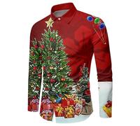Camisa Navideña Hombre - de Manga Larga con Tema navideño de otoño e Invierno para Hombre, con Solapa y Estampado Completo, de un Pecho (Red, XL)