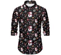 Camisa Navideña para Hombre Camisa Estampada 3D de Moda Camisa Informal de Manga Larga con Botones, Patrón de Papá Noel Ajustado (Negra, M)
