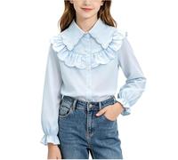 Camisa Niña de Algodón Cuello Peter Pan Camisas Elegante Dulce de Mangas Abullonadas con Volantes Color Sólido Moda Versátil Camiseta Manga Larga para Escuela Diario y Fiesta 5-15 años