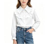 Camisa Niña de Algodón Cuello Peter Pan Camisas Elegante Dulce de Mangas Abullonadas con Volantes Color Sólido Moda Versátil Camiseta Manga Larga para Escuela Diario y Fiesta 5-15 años