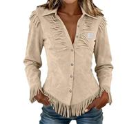 Camisa occidental de ante sintético con detalle de flecos para mujer, blusa de estilo antiguo con cierre de botón, elegante capa exterior adecuada para eventos de conciertos de música country en vivo